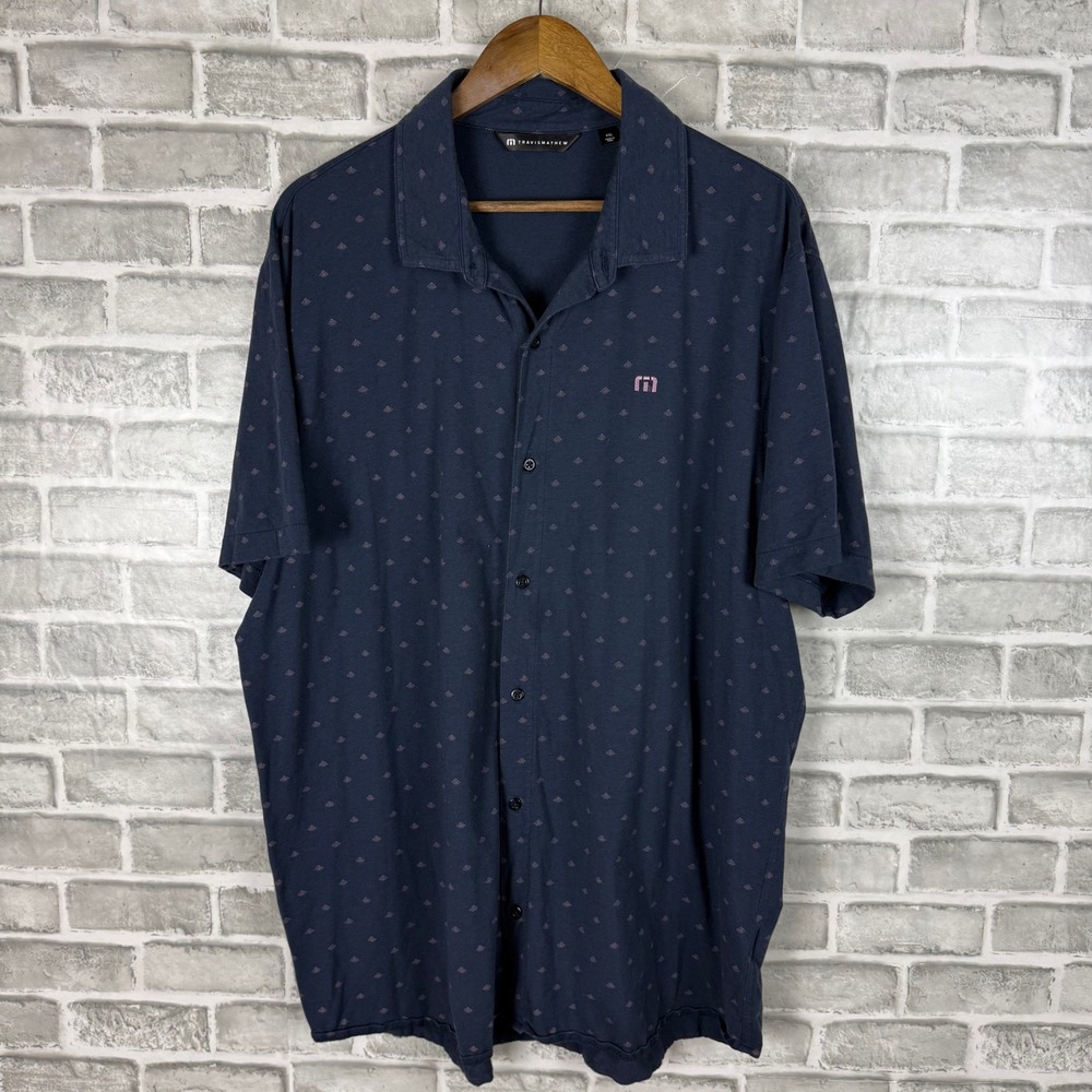 Travis Mathew sz XXL Navy Blue Pink Diamond Print Short Sleeve Button Down Shirt